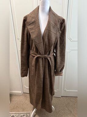 Banana Republic Tan Tie Waist Plaid Wool Blend Long Trench Coat